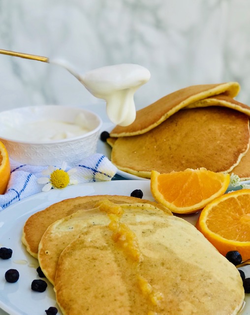 Orange Poppy Seed Pancakes with Whipped Ricotta and Maple Syrup